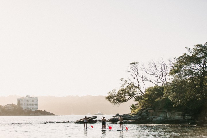 a group of people standing next to a body of water